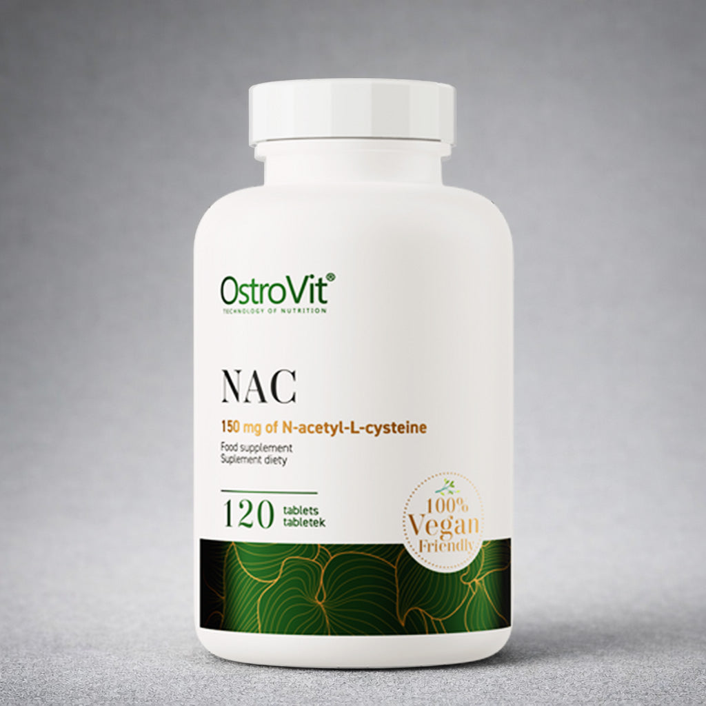 Flacon OstroVit NAC VEGE 120 tablets – complément antioxydant vegan pour la détox hépatique et la protection cellulaire.