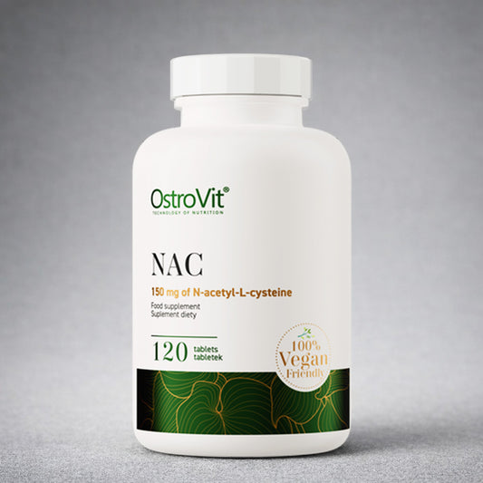 Flacon OstroVit NAC VEGE 120 tablets – complément antioxydant vegan pour la détox hépatique et la protection cellulaire.