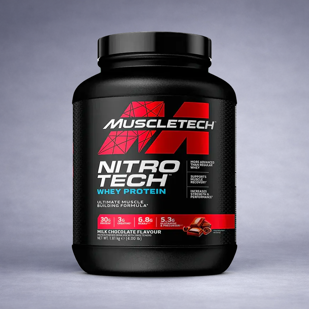 Pot de Nitro-Tech Whey Protein MuscleTech 1,81 kg saveur chocolat – protéine en poudre premium, riche en BCAA et créatine, idéale pour prise de masse, force, récupération musculaire et nutrition sportive.
