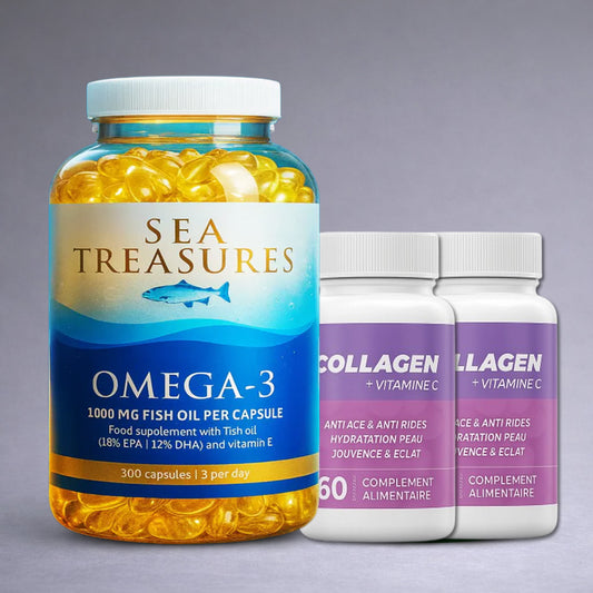 Flacon noir Sea Treasures Omega‑3 et flacon blanc Collagène Marin posés côte à côte sur fond neutre dégradé clair, visuel premium pour site e‑commerce santé du cœur et beauté de la peau
