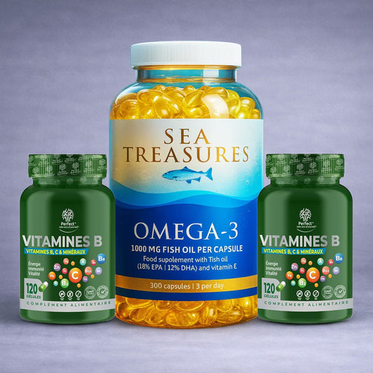 Flacon noir Sea Treasures Omega‑3 et deux flacons verts Perfect Vitamines B posés côte à côte sur fond neutre dégradé clair, visuel premium pour site e‑commerce santé et vitalité.