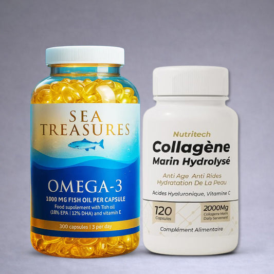 Flacon noir Sea Treasures Omega‑3 et flacon blanc Nutritech Collagène Marin posés côte à côte sur fond neutre dégradé clair, visuel premium pour site e‑commerce santé et beauté.