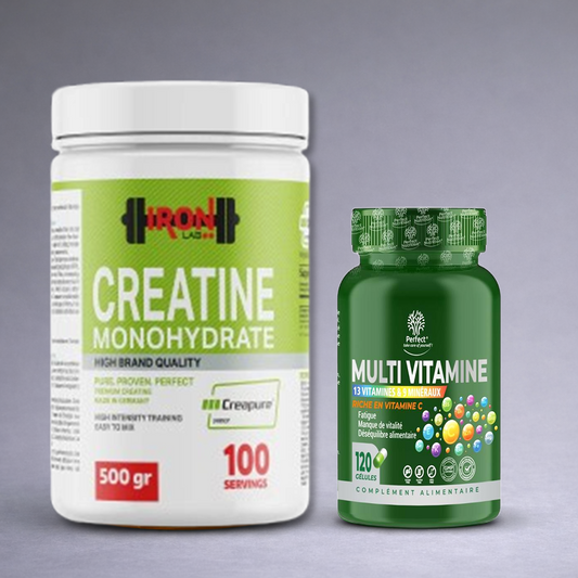 Pack Iron Lab Creapure 500 g + Multivitamines Perfect 120 caps – Complément musculation force énergie immunité