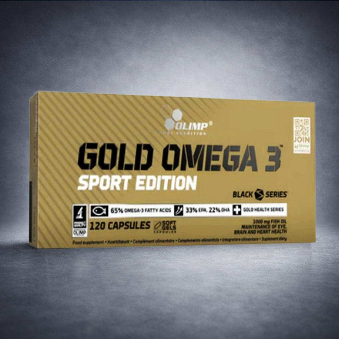 Boîte dorée Gold Omega 3 Sport Edition Olimp Nutrition 120 capsules sur fond studio gris dégradé premium, visuel e‑commerce santé, sport et bien‑être.
