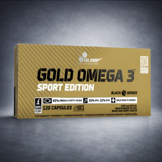 Boîte dorée Gold Omega 3 Sport Edition Olimp Nutrition 120 capsules sur fond studio gris dégradé premium, visuel e‑commerce santé, sport et bien‑être.
