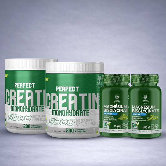 Flacon blanc Perfect Creatine et flacon blanc Magnésium posés côte à côte sur fond neutre dégradé clair, visuel premium pour site e‑commerce musculation et relaxation musculaire.
