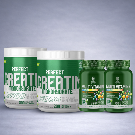 Flacon blanc Perfect Creatine et flacon multivitamines posés côte à côte sur fond neutre dégradé clair, visuel premium pour site e‑commerce musculation et vitalité