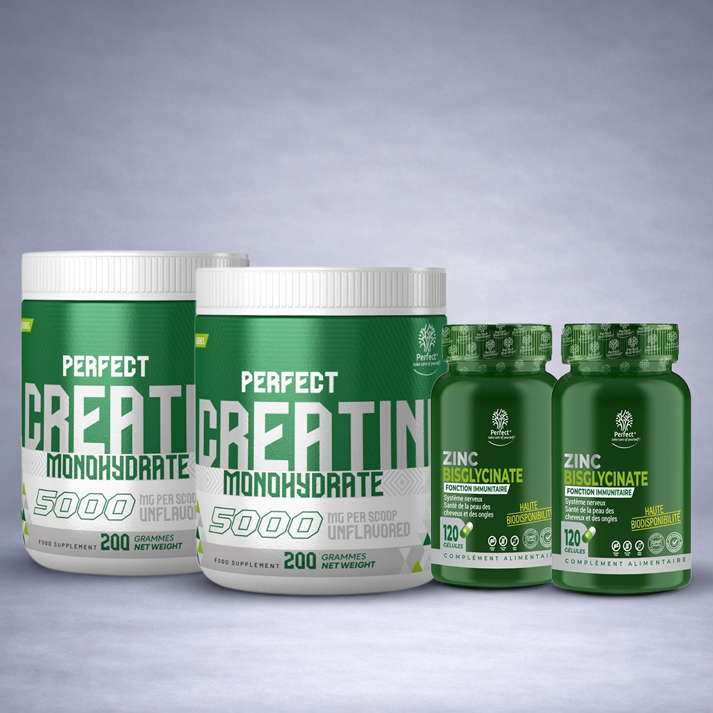 Flacon blanc Perfect Creatine et flacon blanc Zinc posés côte à côte sur fond neutre dégradé clair, visuel premium pour site e‑commerce musculation et immunité