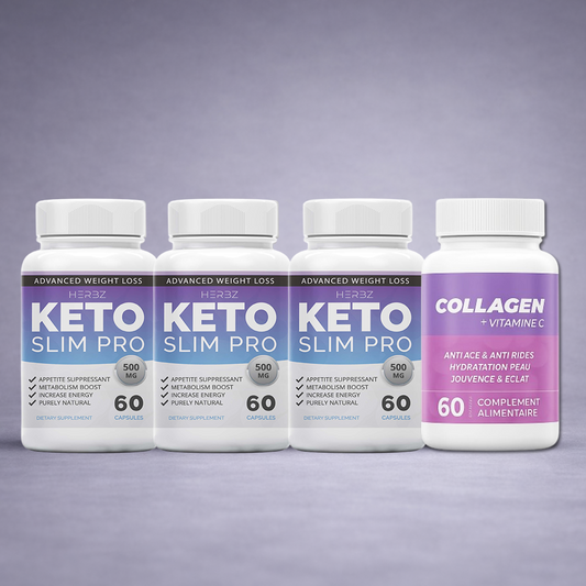 Trois boîtes Keto Slim Pro alignées avec un flacon de Collagène Marin Hydrolysé posés sur fond neutre dégradé clair, visuel premium pour site e‑commerce perte de poids et beauté de la peau.