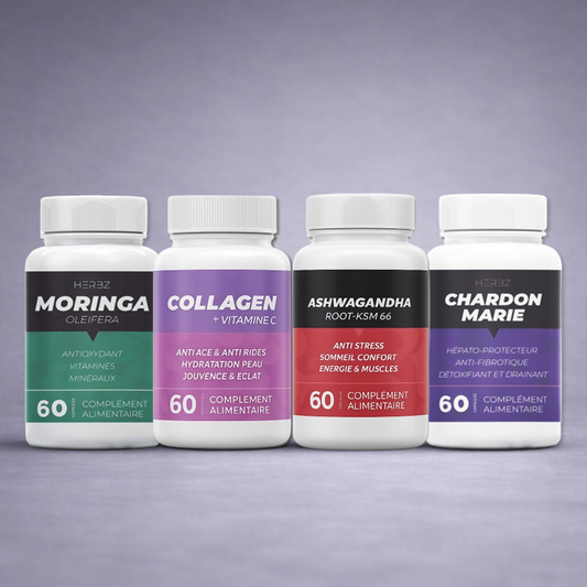 Flacons HERBZ Nutrition Moringa, Ashwagandha, Collagène Marin et Chardon‑Marie posés côte à côte sur fond neutre dégradé clair, visuel premium pour site e‑commerce beauté, énergie et détox