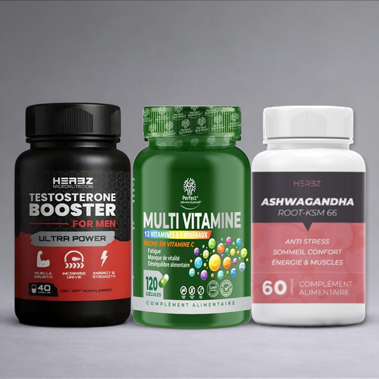 Pack Testo Booster Ultra – Force et vitalité avec Testo Booster, Multivitamines et Ashwagandha HERBZ