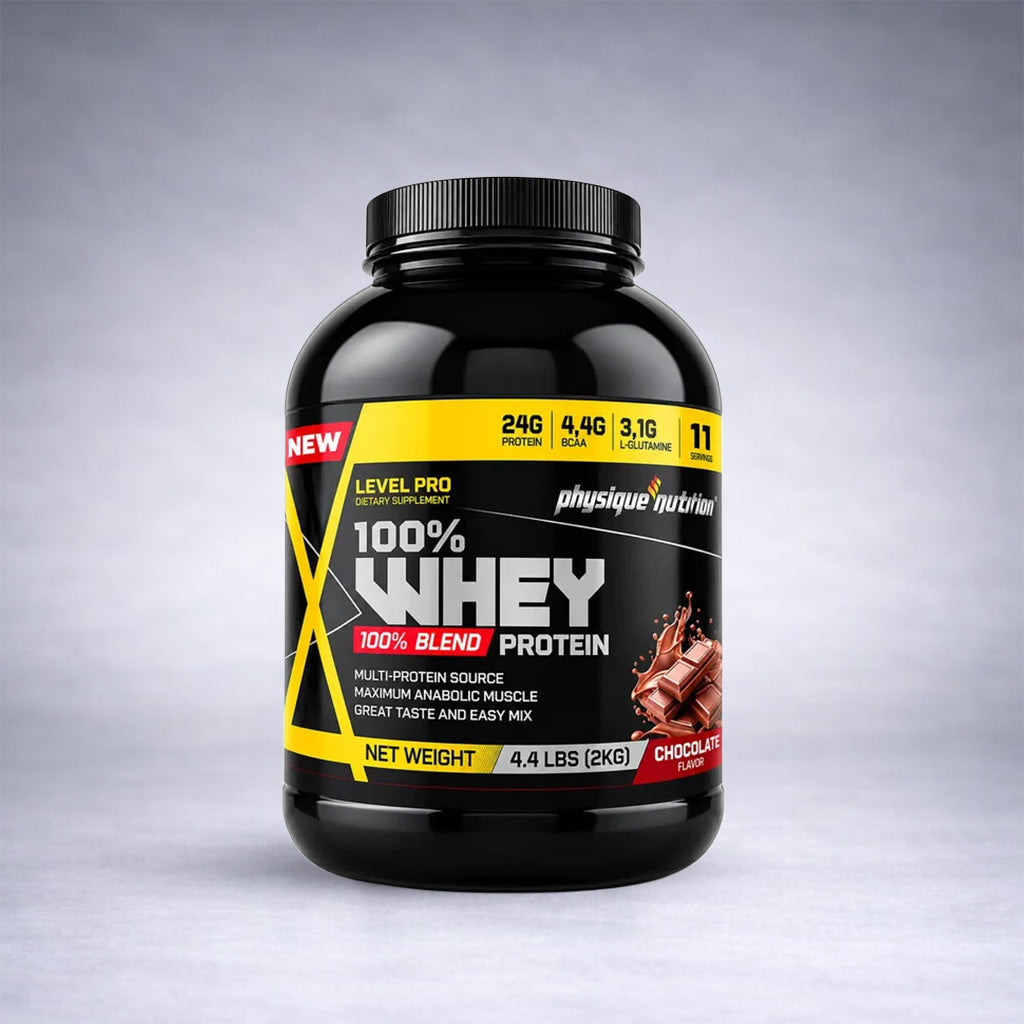 Pot noir Physique Nutrition Level Pro 100% Whey 2 kg – protéine musculation chocolat, riche en protéines, BCAA et glutamine.