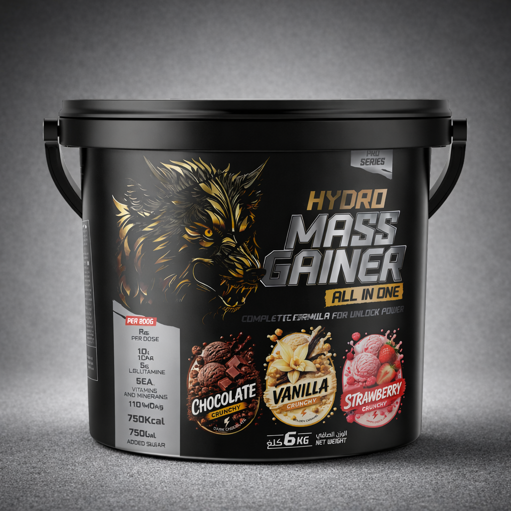 Pot American Wolf Hydro Mass Gainer All In One 6 kg – gainer premium pour prise de masse, force et récupération musculaire, formule tout‑en‑un avec protéines, BCAA, créatine et vitamines