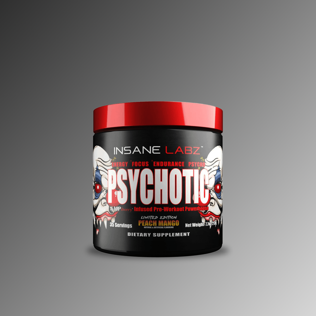 Pot de Insane Labz Psychotic – Pre-Workout Ultra Puissant saveur Peach Mango, 35 doses, supplément nutritionnel pour musculation et fitness.