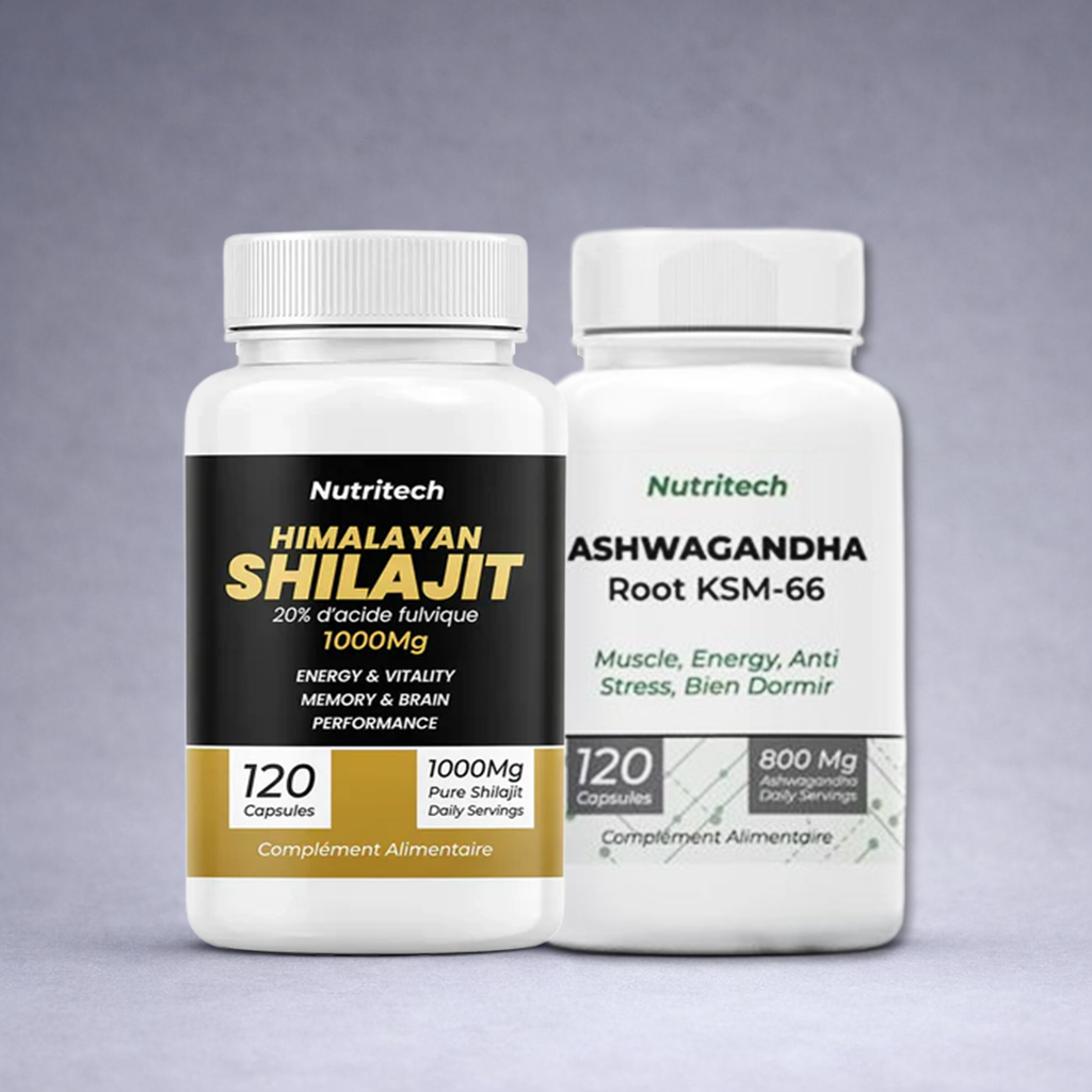 Flacon Nutritech Himalayan Shilajit noir et doré posé à côté d’un flacon Nutritech Ashwagandha KSM‑66 blanc et vert sur fond neutre dégradé clair, visuel premium pour site e‑commerce énergie, mémoire et anti‑stress