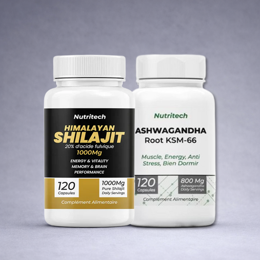 Flacon Nutritech Himalayan Shilajit noir et doré posé à côté d’un flacon Nutritech Ashwagandha KSM‑66 blanc et vert sur fond neutre dégradé clair, visuel premium pour site e‑commerce énergie, mémoire et anti‑stress