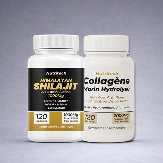 Flacon Nutritech Himalayan Shilajit noir et doré posé à côté d’un flacon Nutritech Collagène Marin Hydrolysé blanc et doré sur fond neutre dégradé clair, visuel premium pour site e‑commerce énergie, mémoire et beauté anti‑âge.