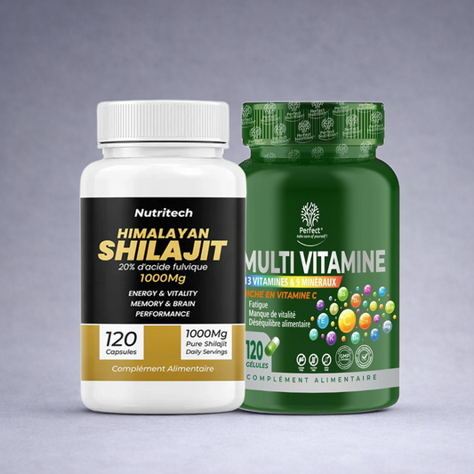 Flacon Nutritech Himalayan Shilajit noir et doré posé à côté d’un flacon Perffect Multivitamine vert et multicolore sur fond neutre dégradé clair, visuel premium pour site e‑commerce énergie, mémoire et vitalité quotidienne.