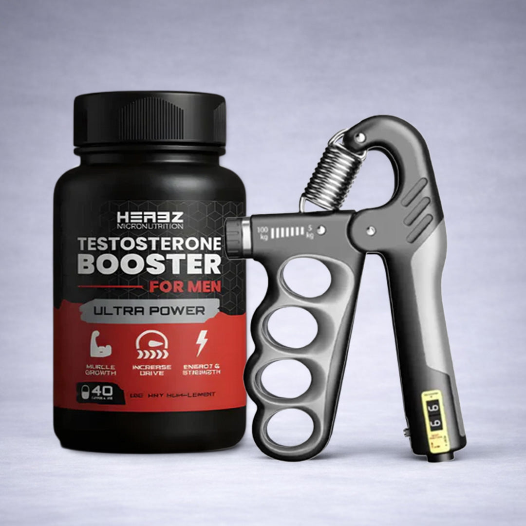 Flacon noir et rouge Herbz Testosterone Booster et Hand Grip Pro noir avec ressort métallique et compteur digital posés côte à côte sur fond neutre dégradé clair, visuel premium pour site e‑commerce fitness