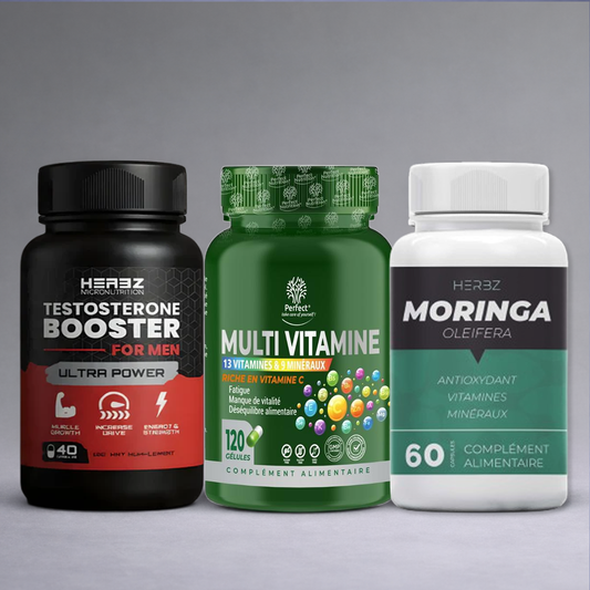 Flacon noir Testosterone Booster, flacon multivitamines et flacon vert Moringa posés côte à côte sur fond neutre dégradé clair, visuel premium pour site e‑commerce force et vitalité.