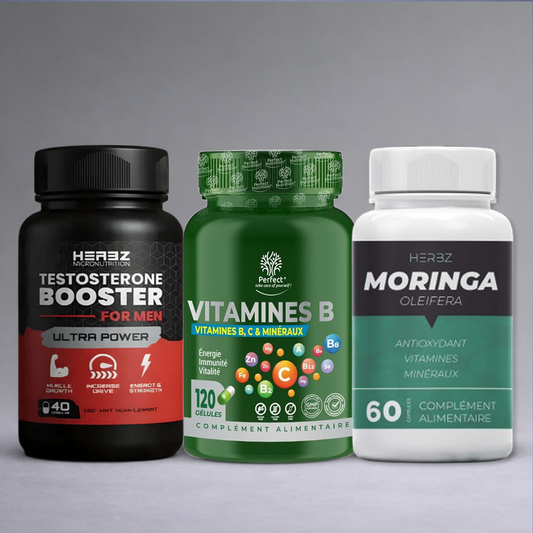 Flacon noir Testosterone Booster, flacon vert Vitamines B et flacon vert Moringa posés côte à côte sur fond neutre dégradé clair, visuel premium pour site e‑commerce force, énergie et vitalité.