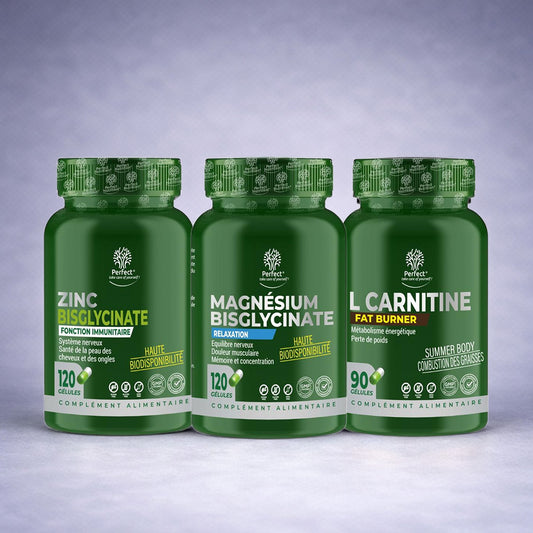 Trois flacons verts Perfect Nutrition — Zinc Bisglycinate, Magnésium Bisglycinate et L‑Carnitine Fat Burner — alignés côte à côte sur fond neutre dégradé clair, visuel premium pour site e‑commerce santé, énergie et perte de poids.