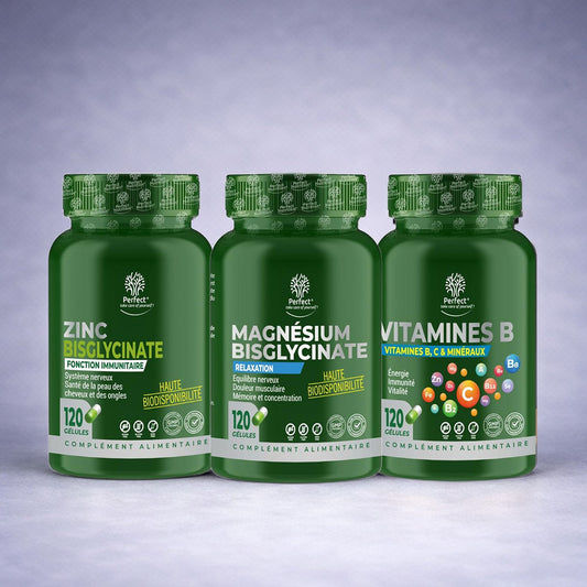 Trois flacons verts Perfect Health Zinc Bisglycinate, Magnésium Bisglycinate et Vitamines B posés côte à côte sur fond neutre dégradé clair, visuel premium pour site e‑commerce santé, énergie et immunité