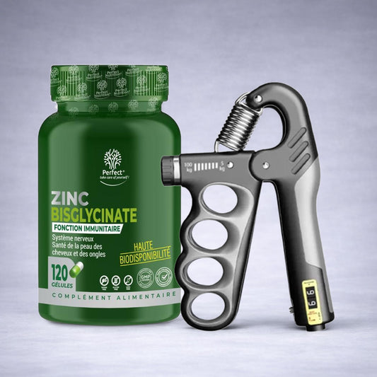 Complément alimentaire Perfect+ Zinc Bisglycinate en flacon vert et Hand Grip Pro noir à ressort métallique posés côte à côte sur fond neutre dégradé clair, visuel premium pour site e‑commerce fitness